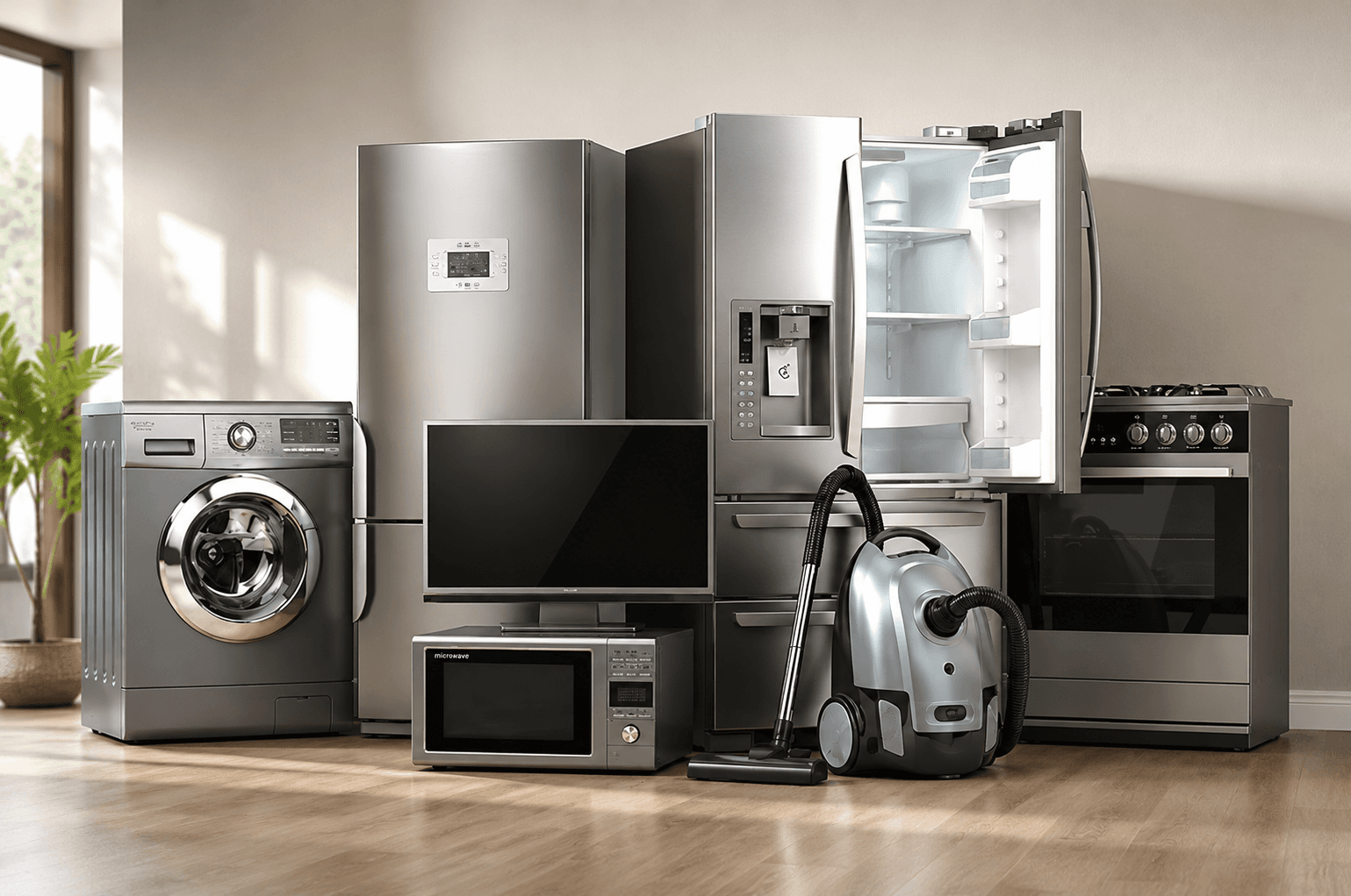 Premium open box home appliance lineup — washing machine, refrigerator, oven, smart TV, microwave and vacuum — Michael Lamidis, Limassol Cyprus